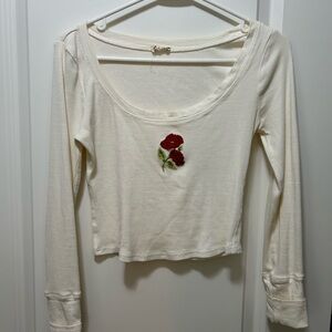 Free People Cream Long Sleeve Top with Red Floral Detail